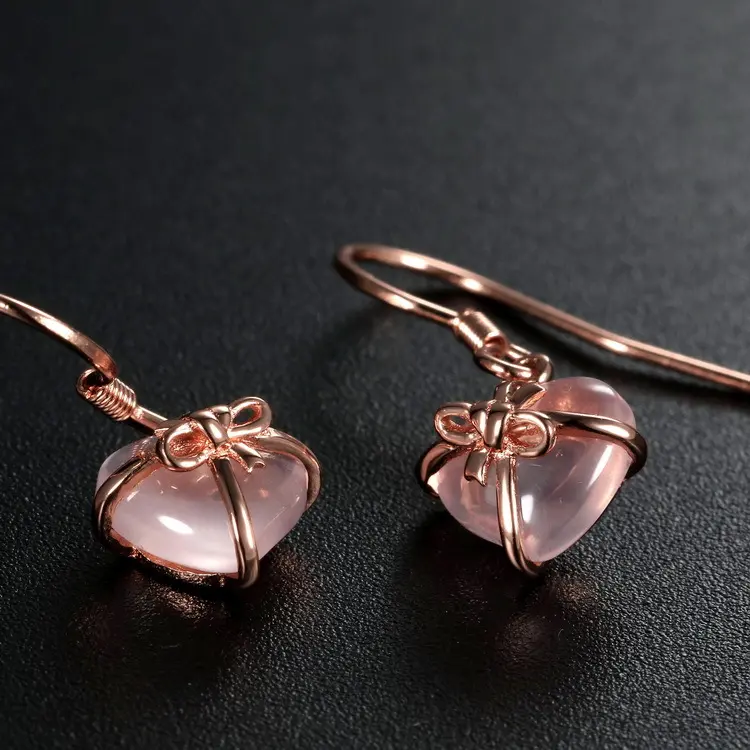 Bông Tai Nơ Hình Trái Tim, Pha Lê Chanh Tự Nhiên Và Thạch Anh Ross, Bạc 925 hạt  hổ  phách moldavite rainbow  quartz  1.0