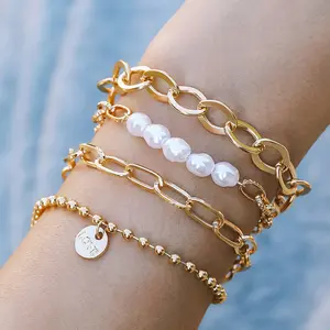 Gelang 1 Set isi 4 Aksen Mutiara Love Chain Paket Hemat Boho Vintage Elegan Aksesoris Fashion Korea