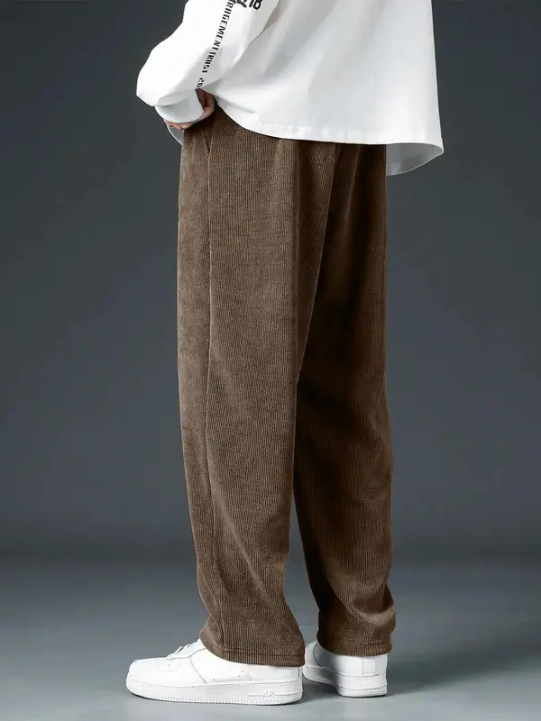 Men's Letter Label Patched Pocket Corduroy Pants, Casual Comfy Straight Leg Trousers for Fall & Winter, Men's Bottoms for Daily Wear 4