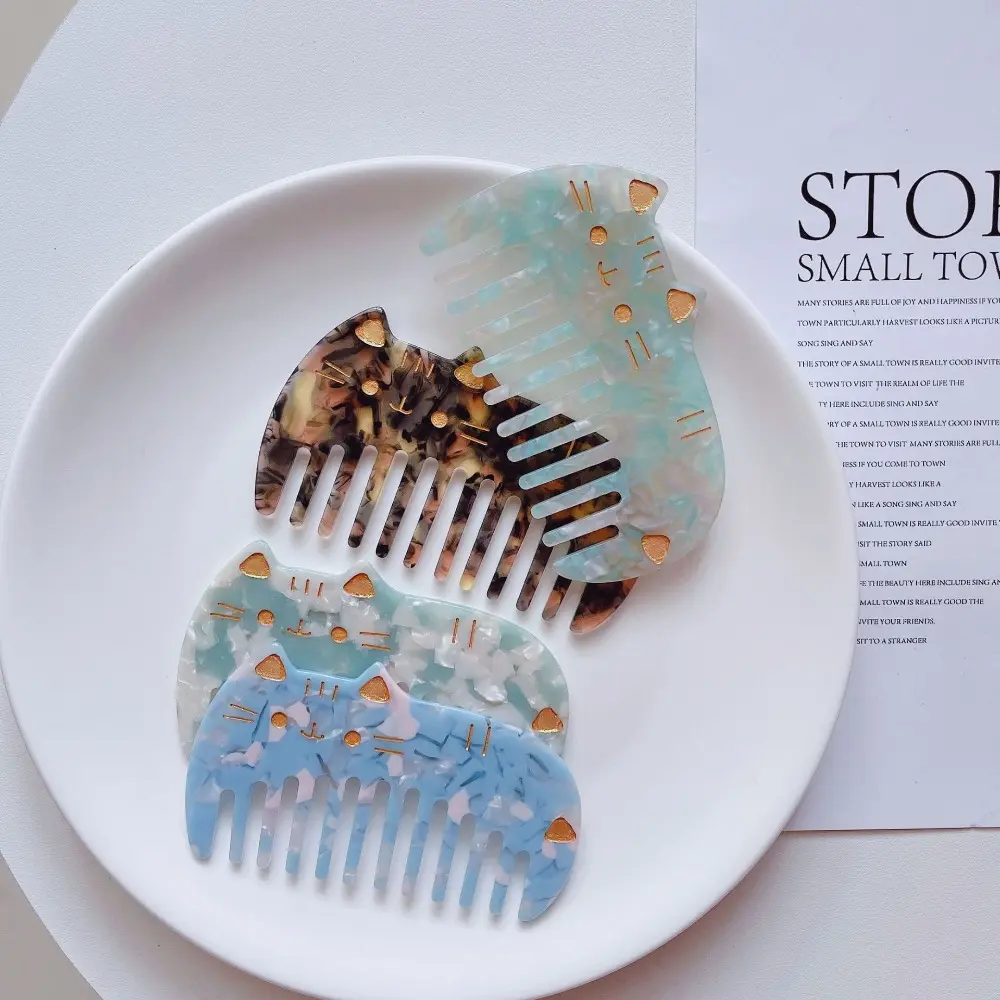New Acetate Hair Combs Cute Cat Colorful Hairdressing Comb Wide Teeth Anti Static Washing Comb Women