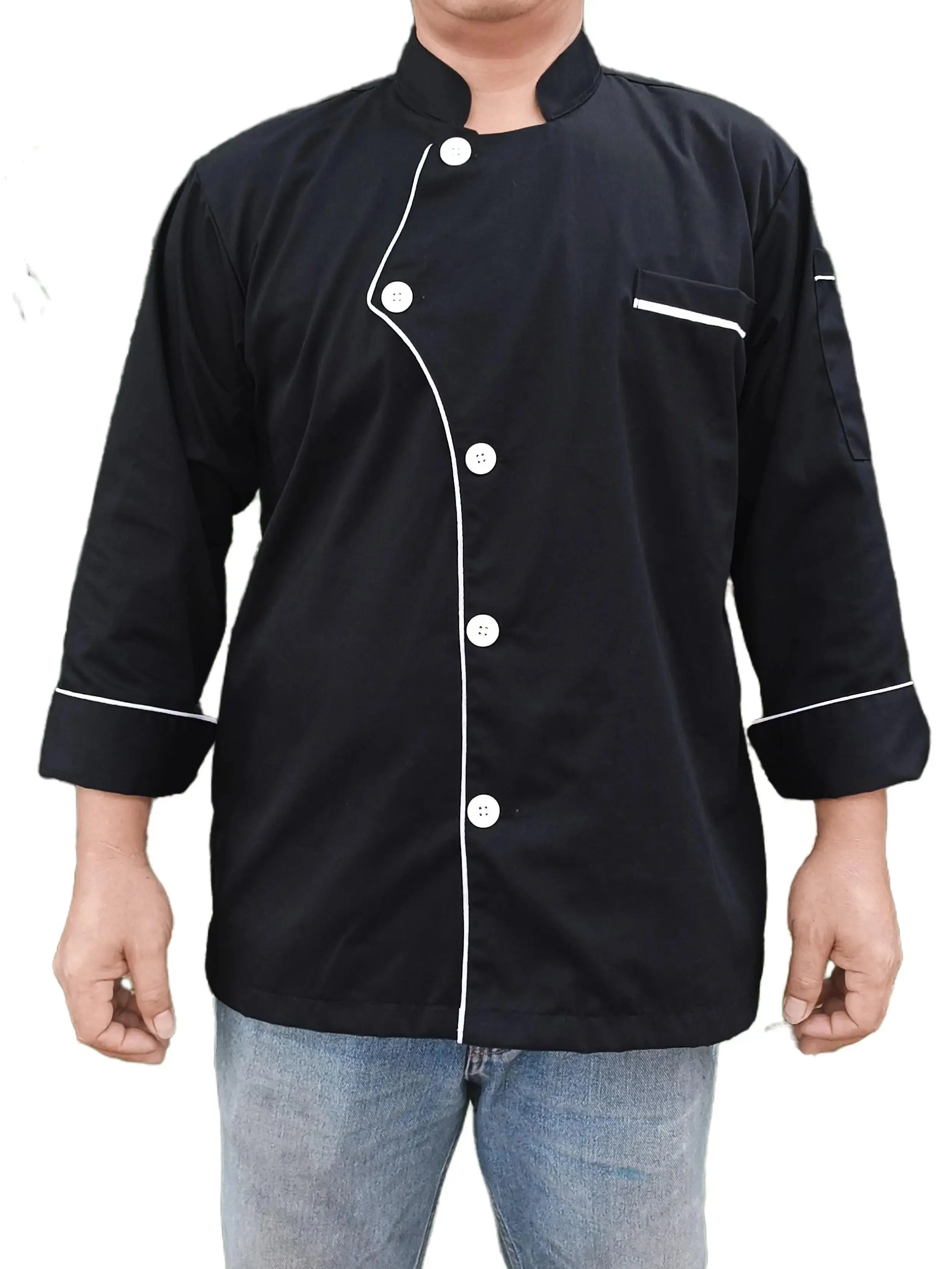 Srm Baju Koki Chef Jacket Lis Pinggir Baju chef Bahan Drill Unisex Seragam Hitam Pria Setrip