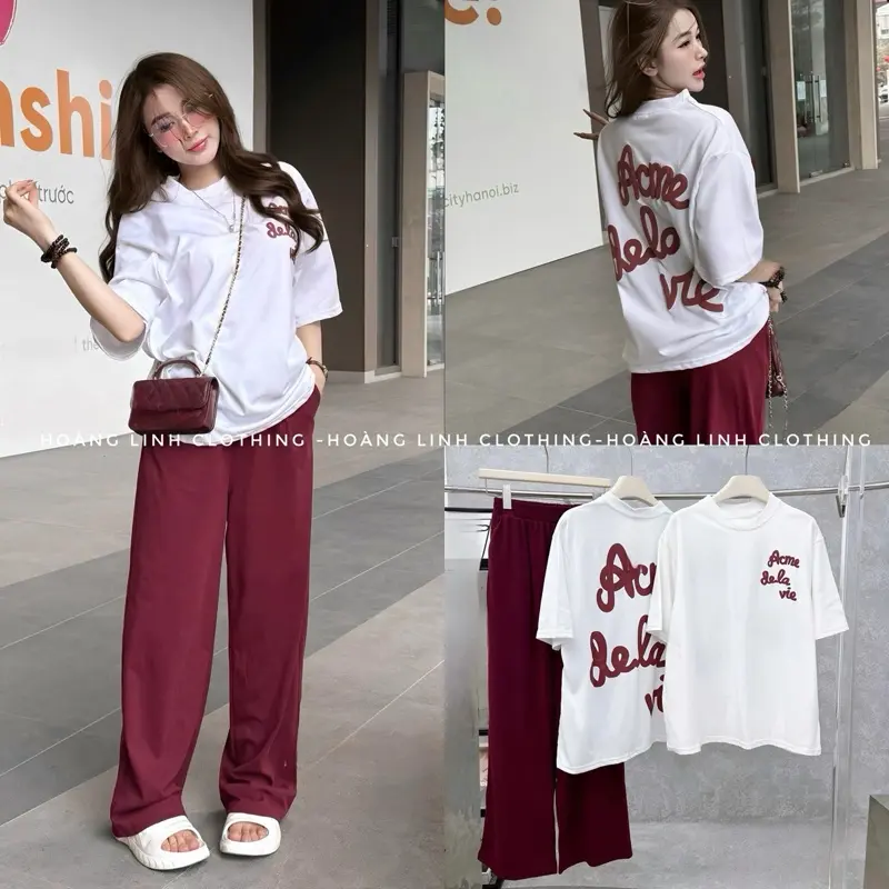 Set Bộ Đồ Nữ Áo Phông Cộc Tay Chữ Mix Quần Xuông Chất Cotton Hottrend 2025 - Hoàng Linh Clothing SB 182