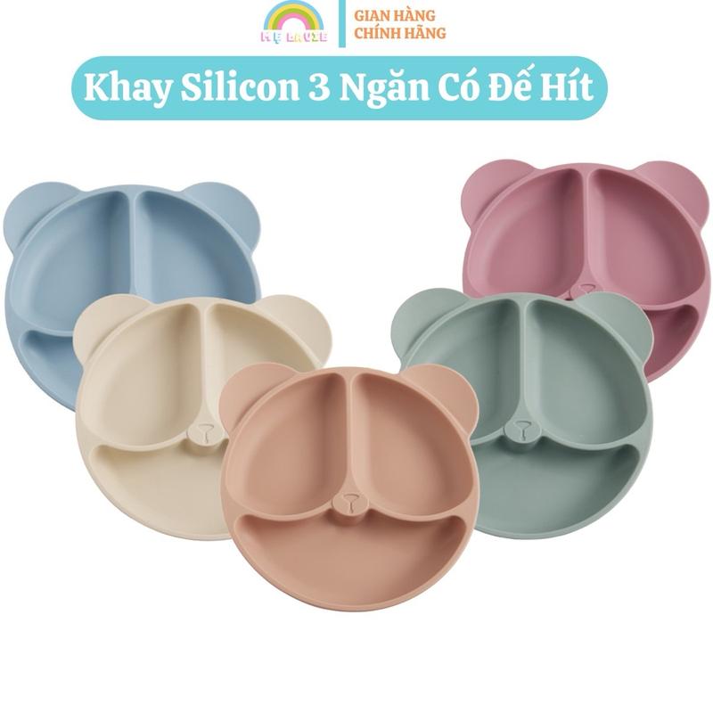  Khay ăn dặm silicon hình gấu 3 ngăn có đế hít chống đổ cho bé Silicone set  ăn 