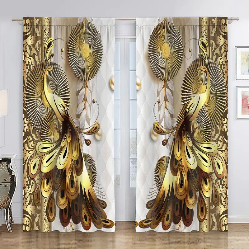 1 Pair Peacock Pattern Curtain, Vintage Floral Print Curtain, Luxury Style Window Drapes for Living Room Bedroom, Home Decor