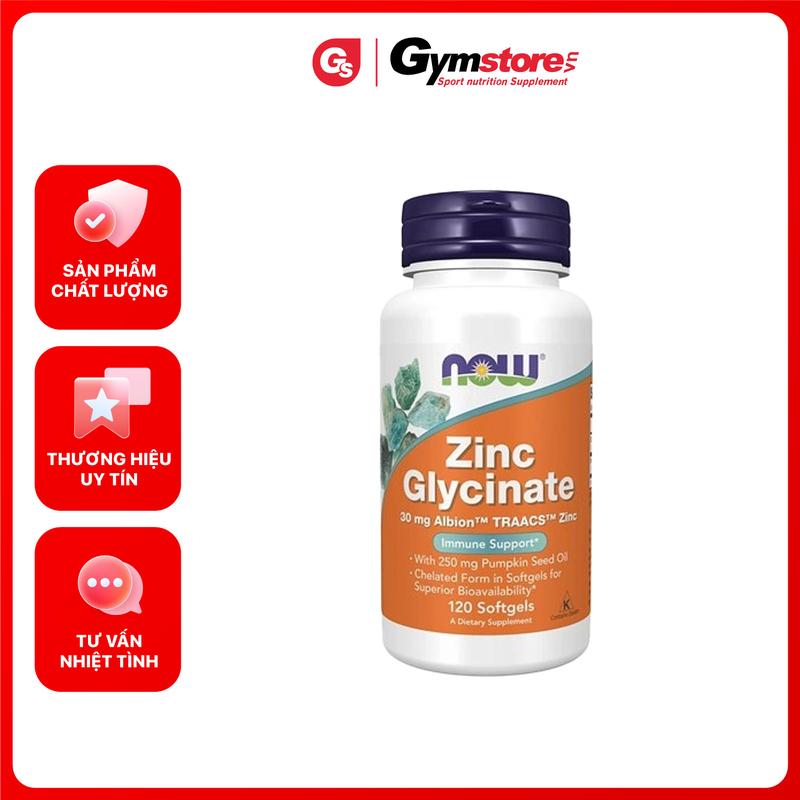 Viên uống bổ sung Kẽm NOW Zinc Glycinate 30 mg Albion TRAACS Zinc, 120 Softgels | Made in USA