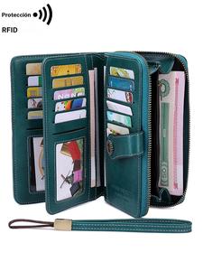Cartera larga vintage para mujer con Muñequera, ranura para múltiples tarjetas Monedero largo de embrague con Hebilla de flores, Cartera larga con bloqueo RFID para uso diario
