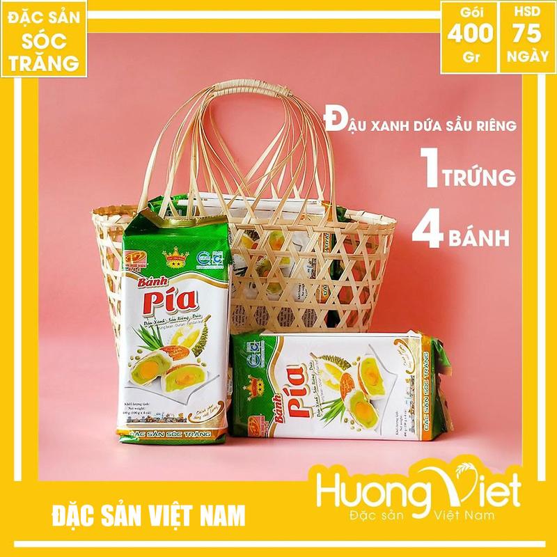 Bánh pía Tân Huê Viên đậu xanh sầu riêng lá dứa 1 trứng 400gr, đặc sản Sóc Trăng, bánh truyền thống Việt Nam làm quà biếu, bánh Trung Thu, đồ ăn vặt, bánh kẹo Tết, Hương Việt Mart