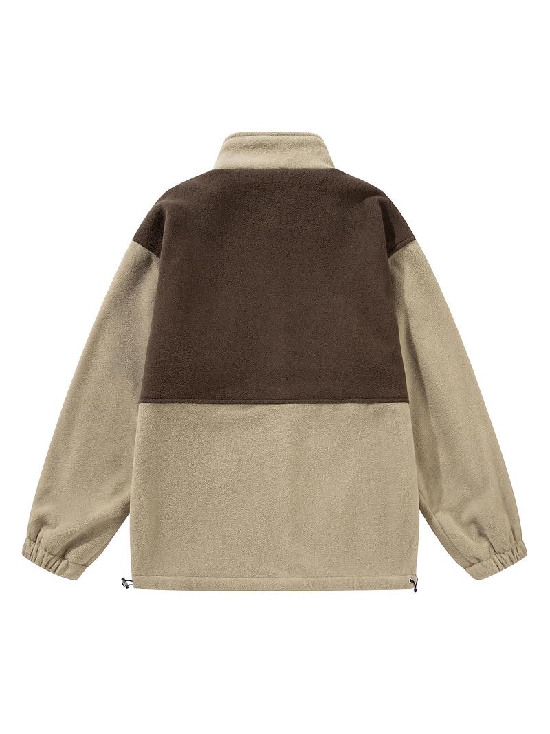 Product Introduction of Men's Colorblock Zip Up Polar Fleece Jacket, Loose Casual Long Sleeve Stand Collar Coat for Fall & Winter, Men's Clothes for Daily Wear 2