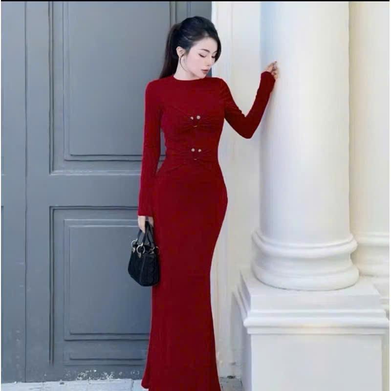  SM - Đầm body dự tiệc dáng dài cổ tròn đính khoen siêu tôn dáng - chất thun ladong H943 Váy boby  váy body nữ tôn dáng  váy xinh  váy đi tiệc  váy đi biển 