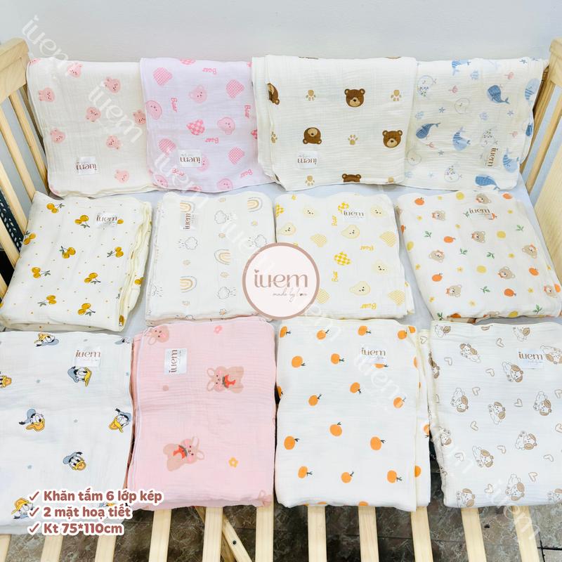 iuem Khăn tắm xô muslin 6 LỚP KÉP  cho bé từ sơ sinh dày dặn, mềm mịn, không bụi vải, đa năng làm chăn và khăn quấn nhà iuem 75*110cm (kích thước +-2cm)