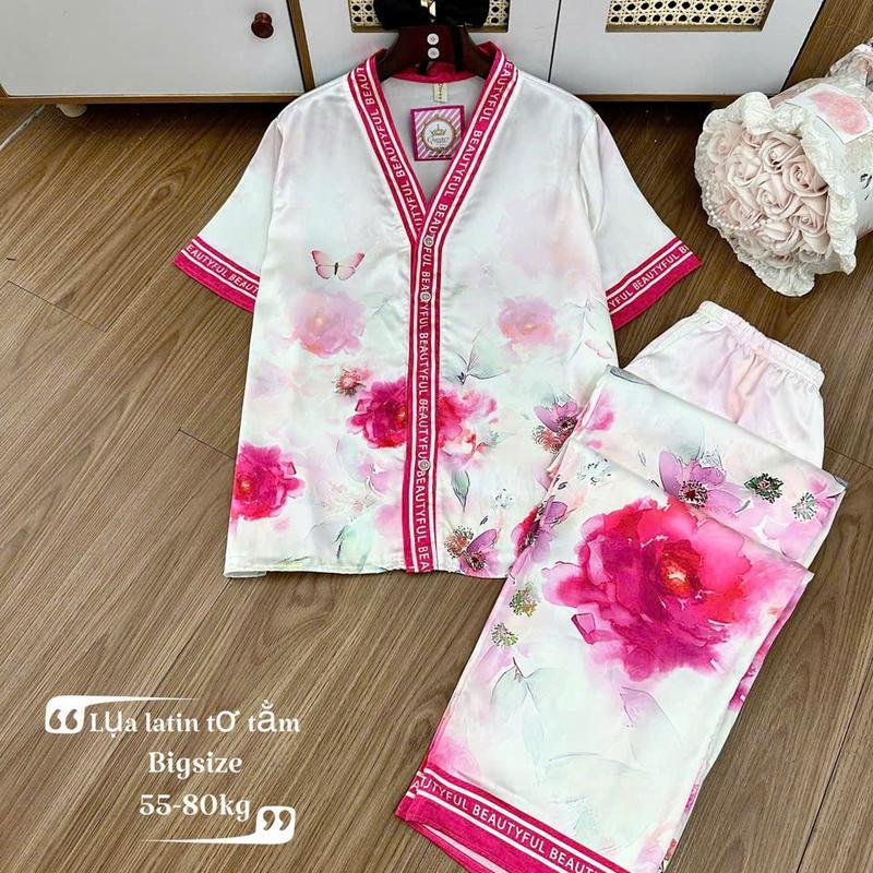 Size 60-75KG- Bigsize Bộ Lụa Latin Tơ Tằm Cổ Tim Tay Ngắn Quần Dài In 5D TNQD Mềm Mát Mặc Nhà Cao Cấp Women Nữ 0