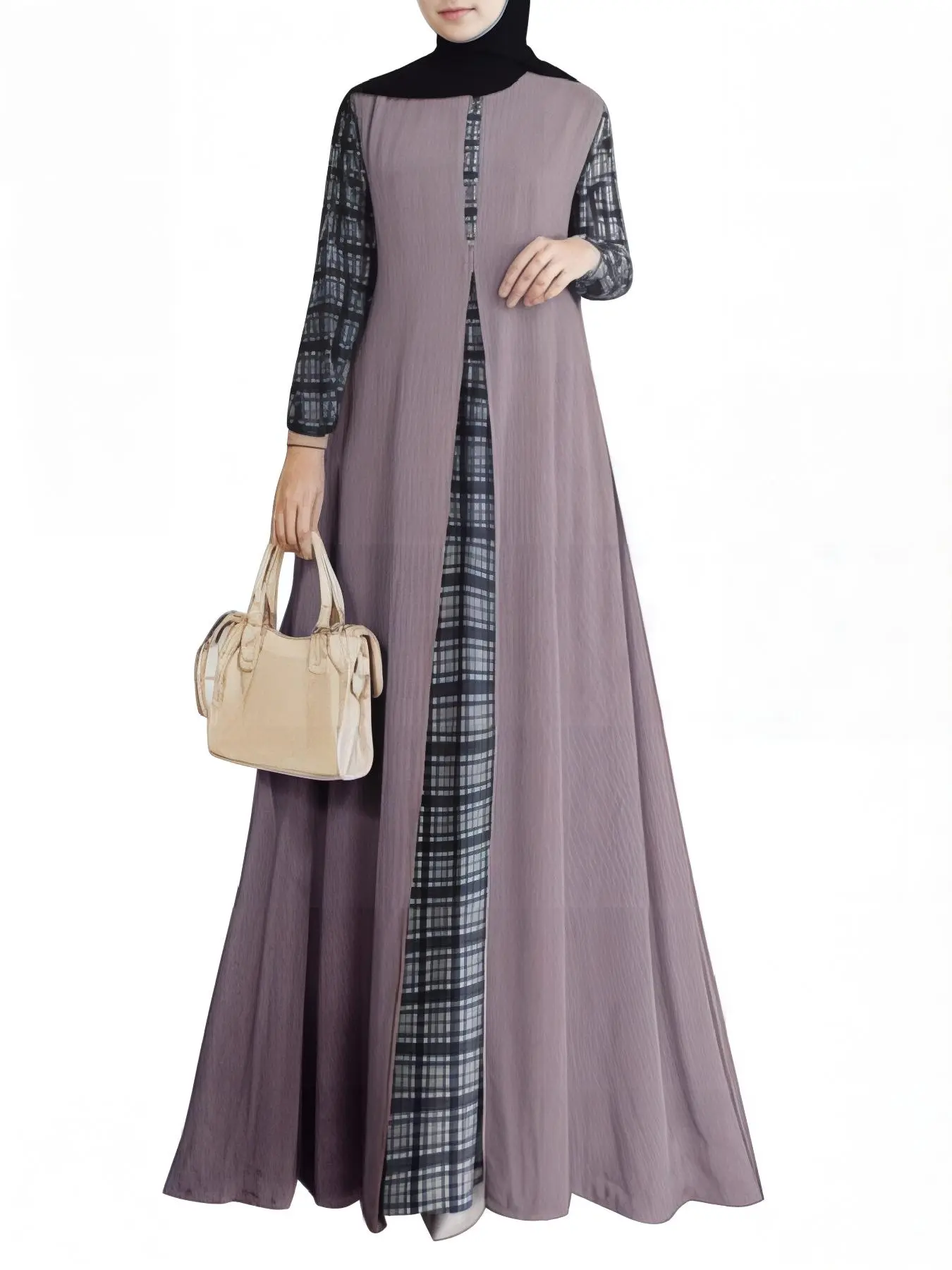 Women's Plaid Print Splicing Long Maxi Dress, Modesty Casual Round Neck Long Sleeve Dress for Party Holiday Wedding Guest, Ladies Clothes for All Seasons