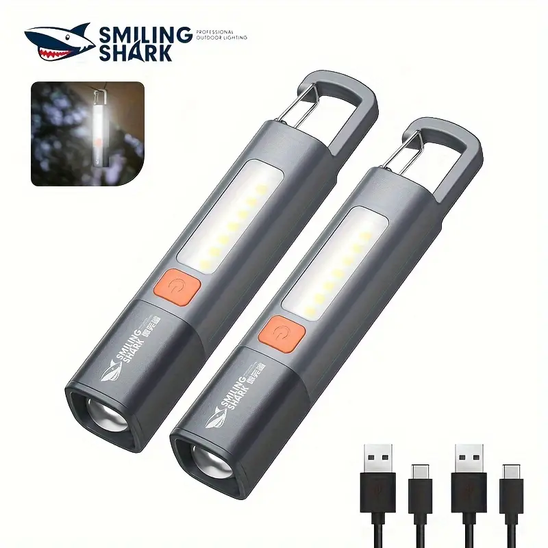 【buy 1 take 1】Smiling Shark Ultra-Bright LED Flashlight - Rechargeable, Portable with Hook & Telescopic Zoom, COB Side Light for Hiking, Camping & Emergency Use
