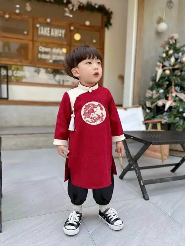 Áo dài cách tân thêu Rồng cho bé trai, áo cách tân cho bé chất liệu nhung chéo từ 10-30kg