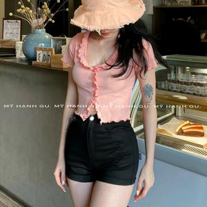 Áo croptop cài nút tay ngắn xinh shop Tiến Linh Nữ Women Nhung Sơ Mi Đen Voi