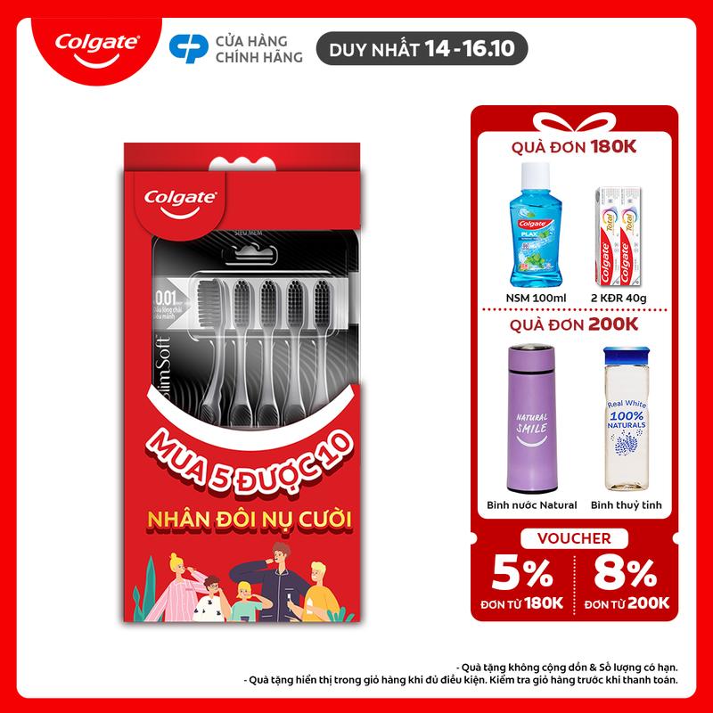 [Duy nhất 14-16.10] [Tặng 5 bàn chải] Bộ 5 Bàn chải Colgate SlimSoft Charcoal than hoạt tính kháng khuẩn