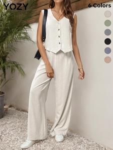 YOZY V Neck Vest & Elastic Waist Pants Set, Button Front Casual Sleeveless Top & Wide Leg Trousers, 2024 Women's Wear for Spring & Summer & Autumn, XS-XXl, Tops That Hide Stomach, Clothing