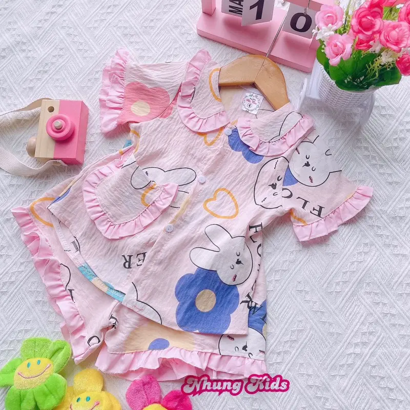 (8-17kg) Bộ pijama cổ tiểu thư Quần ngắn chất vải cotton Hàn mềm mát cho bé gái dưới bốn tuổi 5