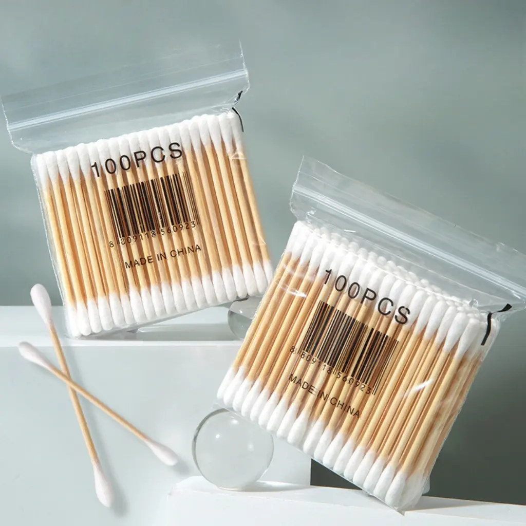 Tăm Bông Gói 100PCS Bằng Gỗ Tre Chắc Chắn Tiện Lợi Tăm Bông Ngoáy Tai Tre Thân Thiện Môi Trường