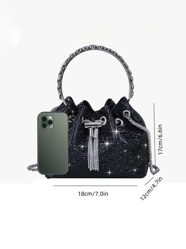 Women's Rhinestone Decorated Evening Bag with Round Top Handle, Elegant Shiny Tassel Chain Drawstring Design Shoulder Bag for Party, All-match Commuter Bag for Work & Daily Used, Valentine's Day Gift for Girl, Ladies Purse 8