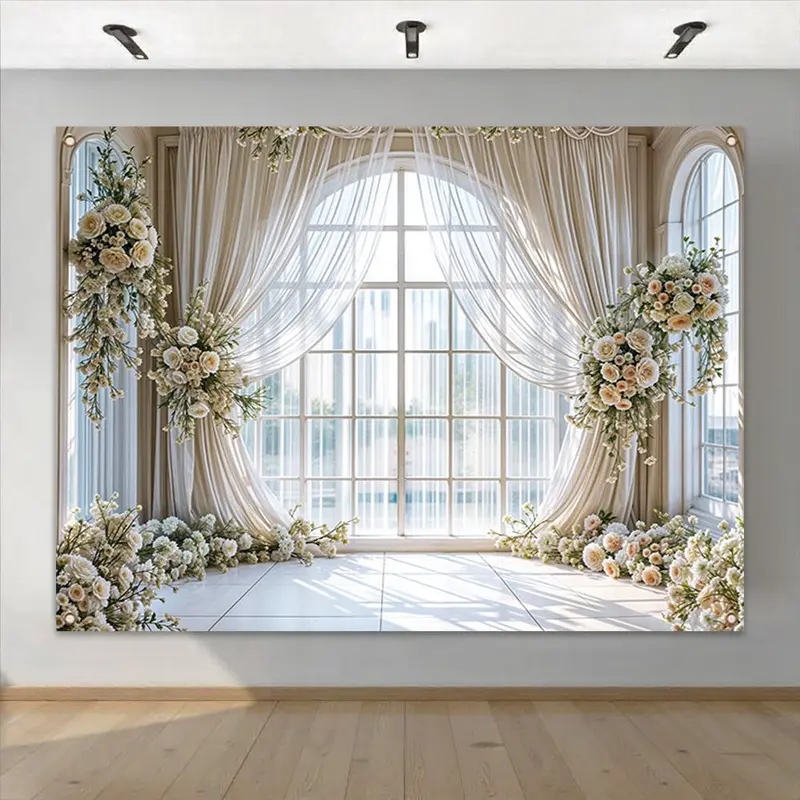 Wedding Themed Backdrop, 1 Count Flower & Curtain Pattern Backdrop, Decorative Banner for Photography Studio, Living Room & Bedroom Celebration 4