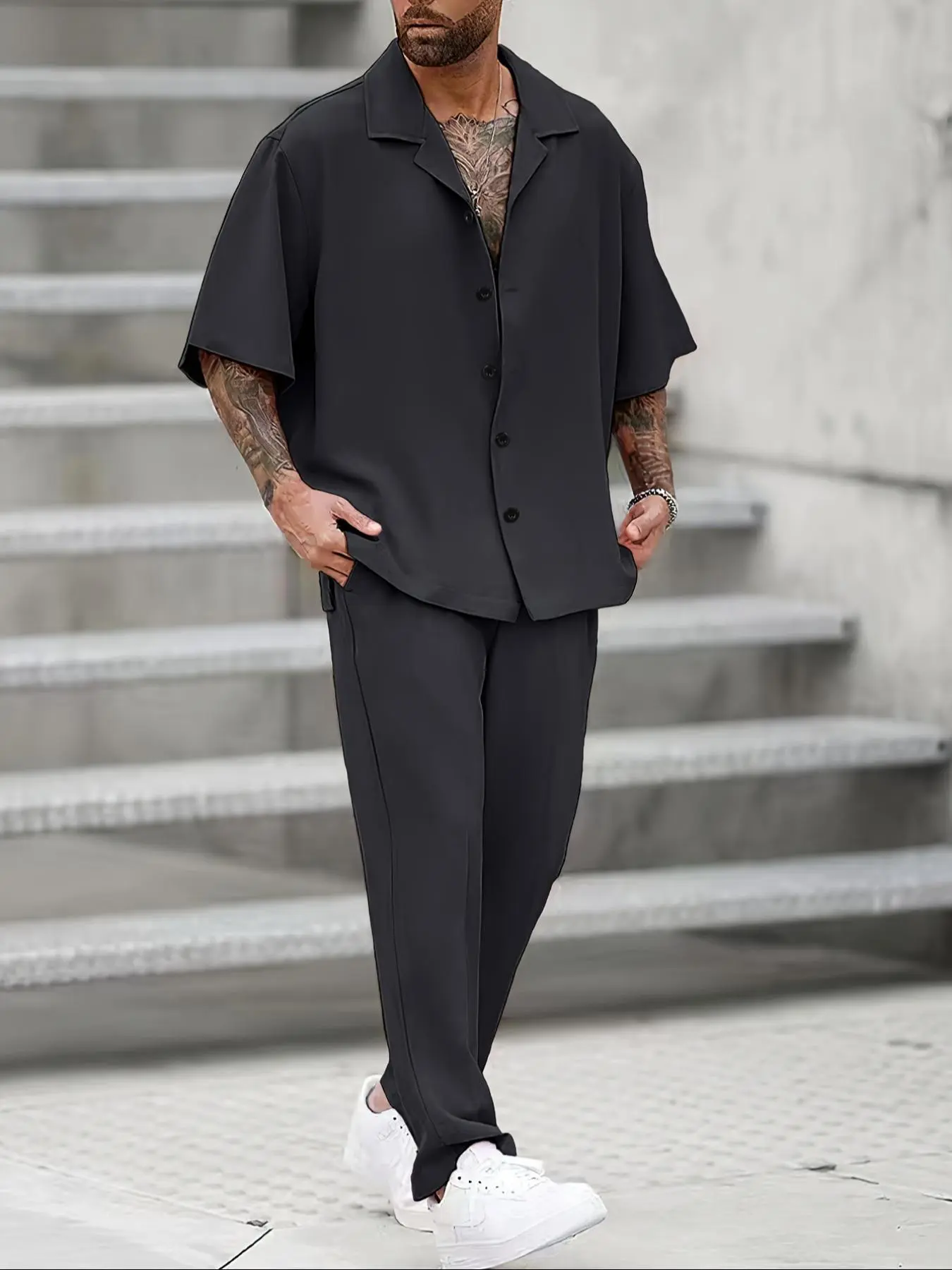 Two-Piece Set Men's Solid Button Front Shirt & Drawstring Waist Pants, Regular Fit Casual Lapel Neck Half Sleeve Top & Pocket Trousers, Men's Two-piece Outfits for Summer