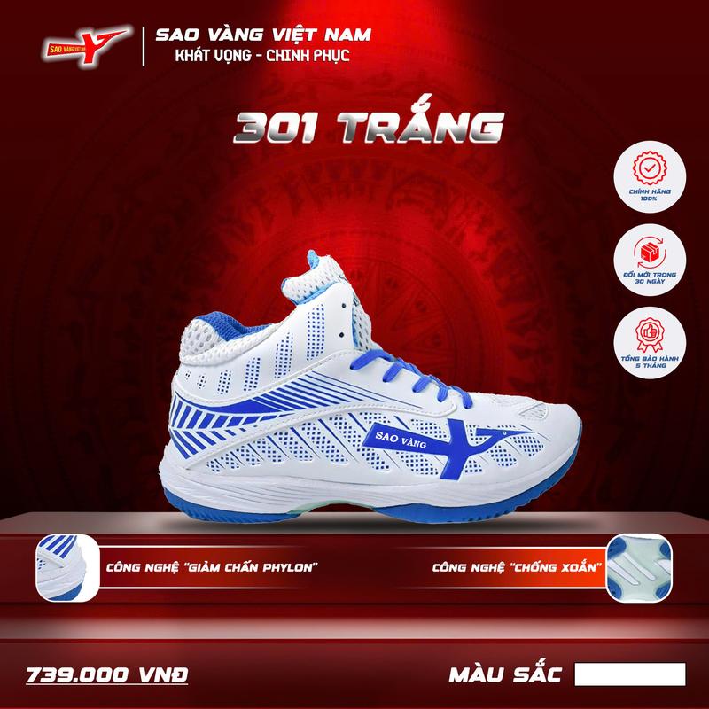  Giày Bóng chuyền Sao Vàng 301 Trắng - Giày Thể Thao - Sneaker 