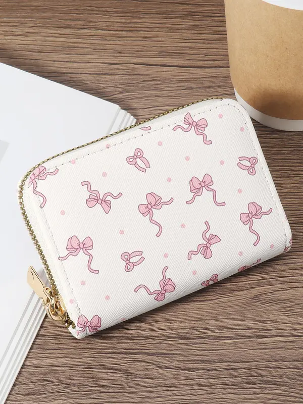 Women's Cute Cartoon Bow Pattern Card Holder, Casual Multi Card Holder with Double Zipper, Simple Casual Multi Card Holder for Outdoor Activities, Travel, and School 6