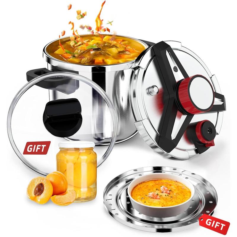 Pressure Cooker 8 Qt Stainless Steel - 3-in-1 Pot With Glass Lid & Steamer, Induction Compatible Stainless Steel Pressure Cooker