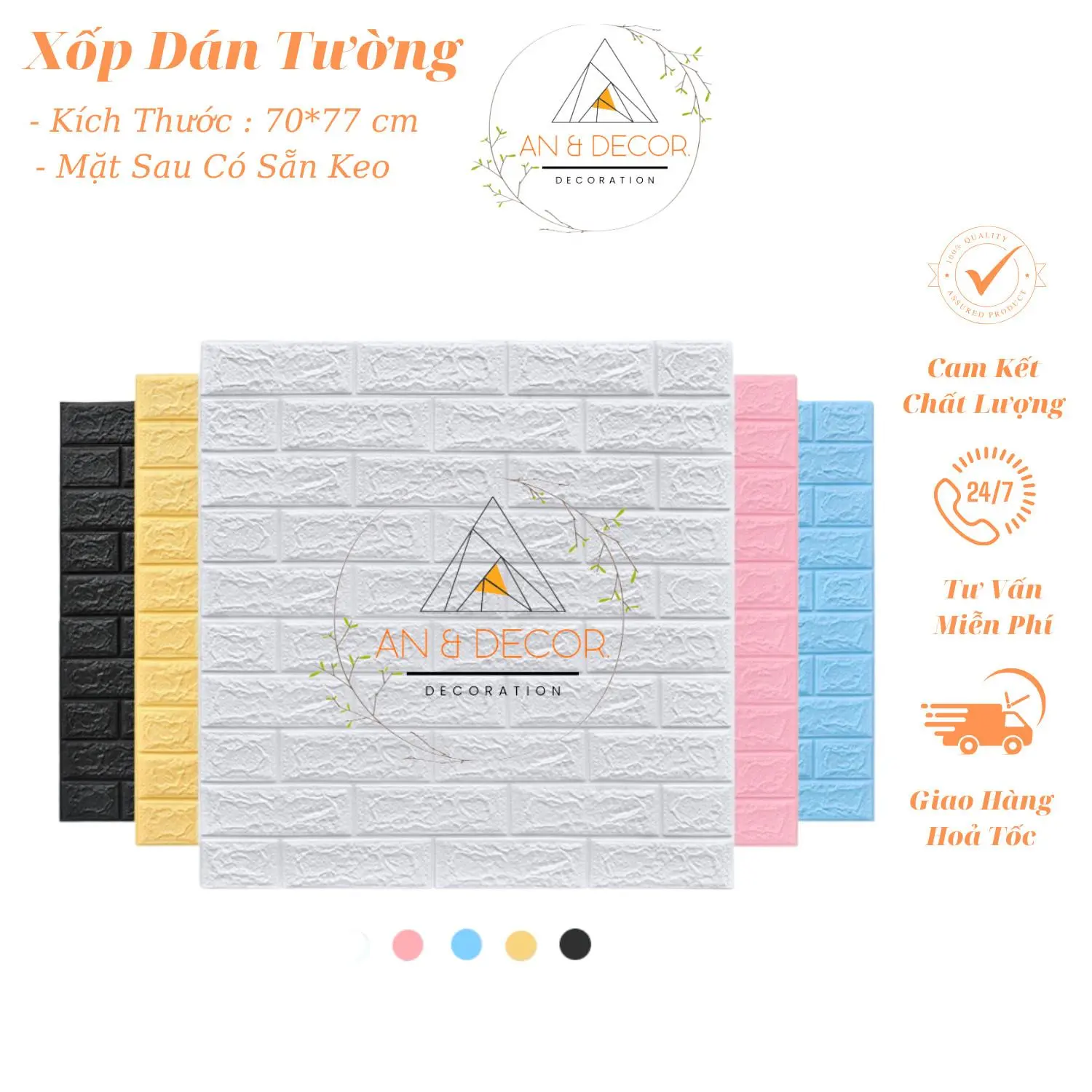 xốp dán tường màu gạch, kích thước 70x77 cm, mặt sau có sẵn keo
