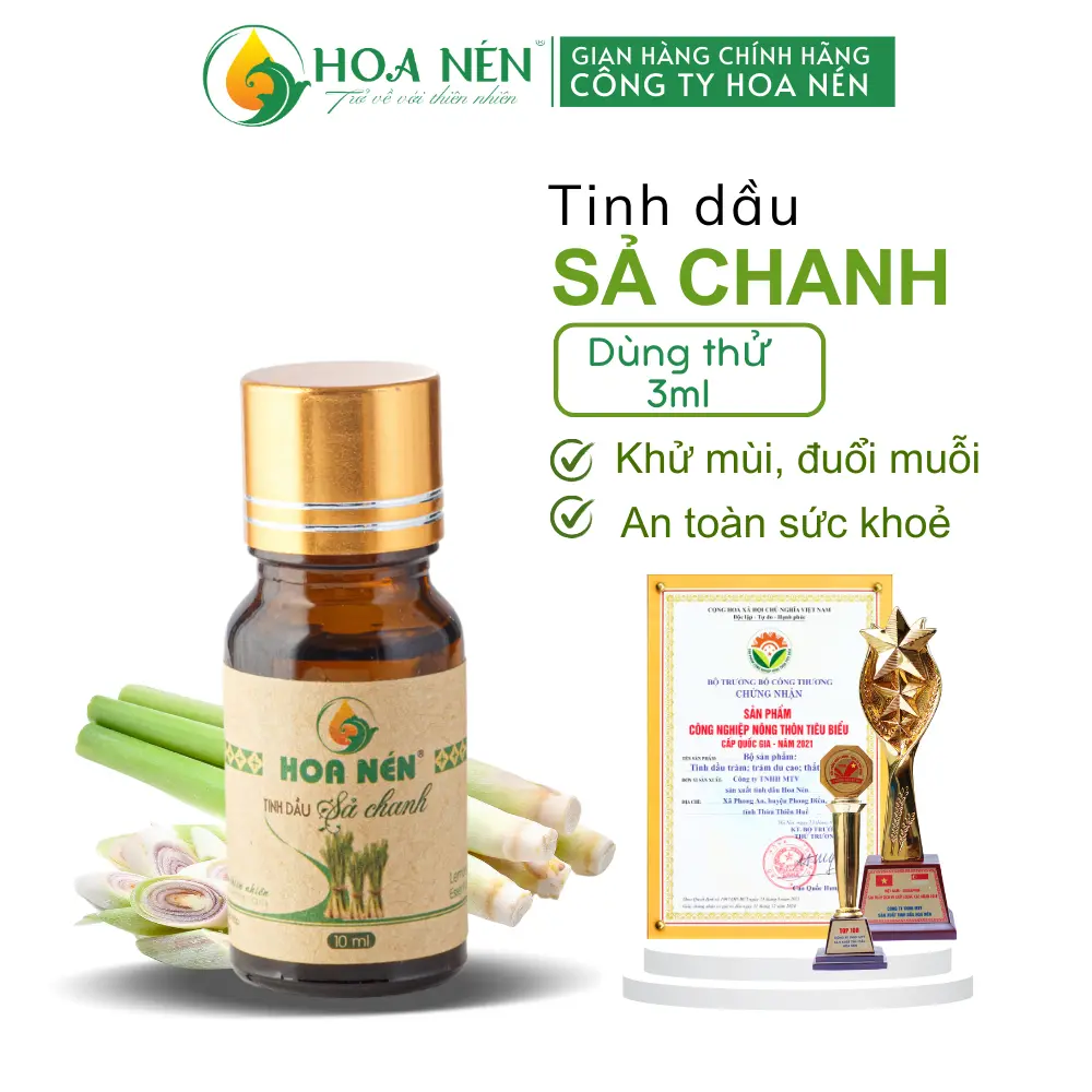 CHÍNH HÃNG - Tinh dầu Sả Chanh nguyên chất 3ml - Hoa Nén - Đuổi muỗi, khử mùi, khử khuẩn, hương thơm dịu nhẹ.