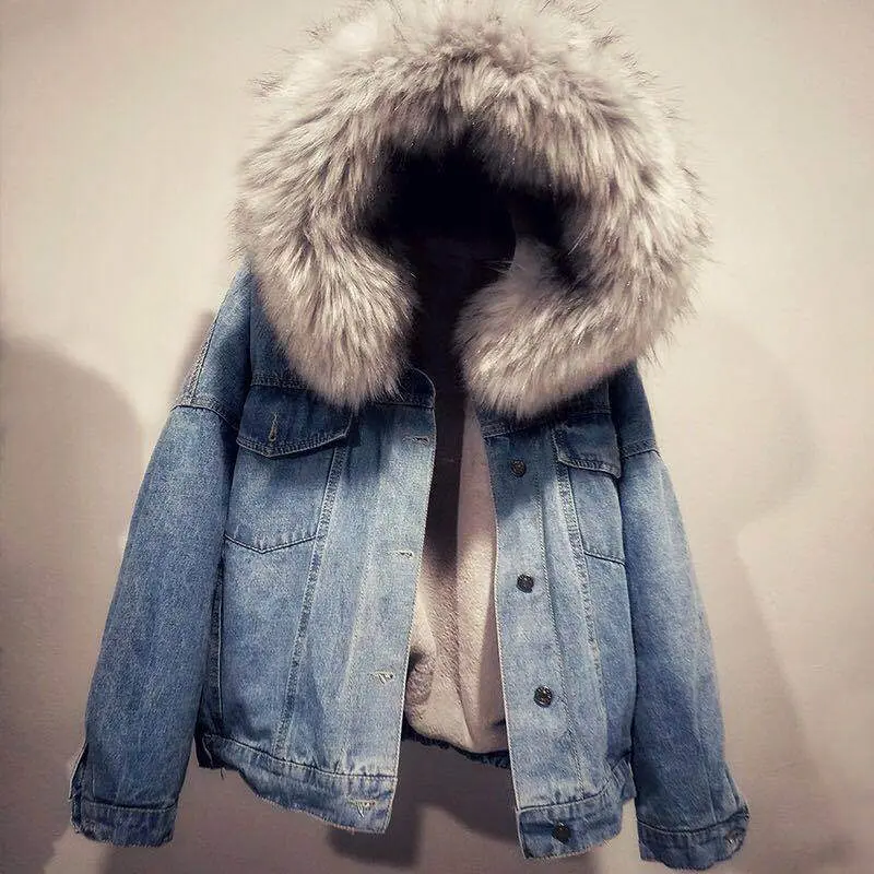 Lamb Wool Coat Women's Winter Short Korean Style Hooded Cotton-Padded Jacket Thickened Fleece-lined Denim Coat Women's Winter Thick Cotton-Padded Coat