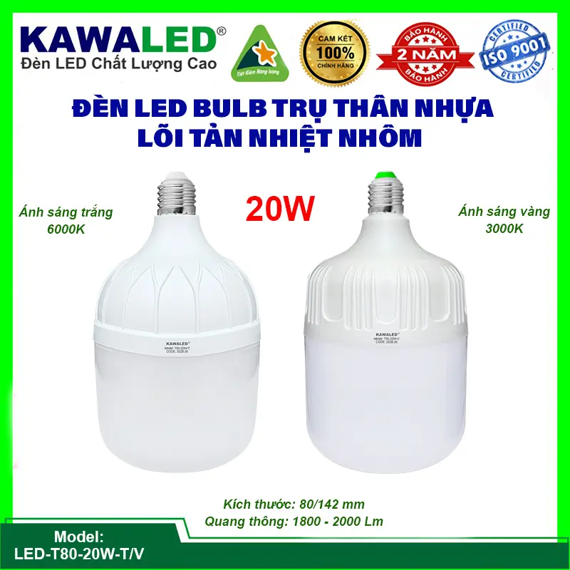 ĐÈN LED BULB TRỤ THÂN NHỰA LÕI TẢN NHIỆT NHÔM 20W 30W 40W 50W BẢO HÀNH 24 THÁNG 0