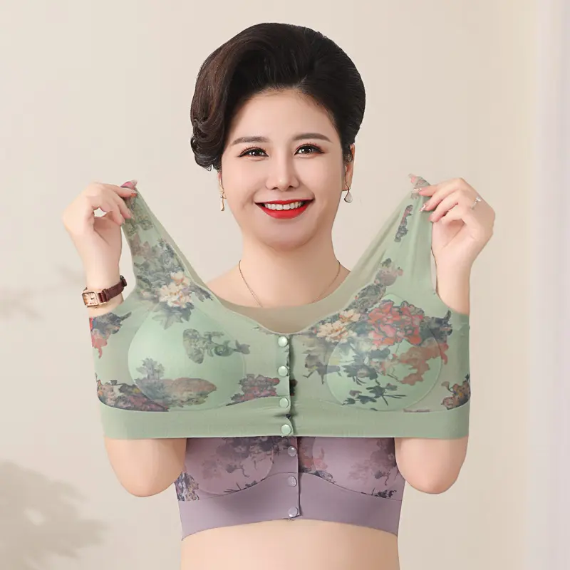 M-3XL Women's Front-opening Button-down Plus Size Push-up Anti-sagging Bra Comfortable Seamless Thin Printed Underwear