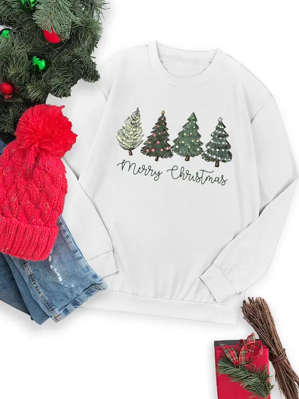 Women's Christmas Tree & Letter Print Round Neck Sweatshirt, Casual Long Sleeve Crew Neck Pullover for Fall & Winter, Women's Clothes for Daily Wear 5