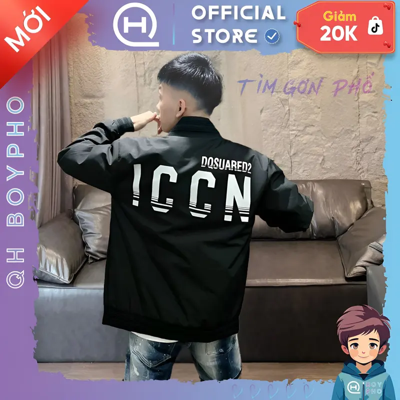 Áo khoác gió bomber 2 lớp mới ICCN chữ trắng bo gân siu hot Menswear Jacket 0