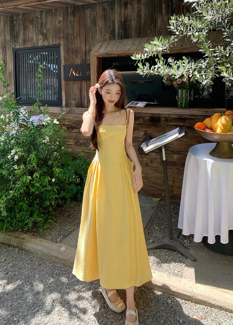 Product Introduction of French style short yellow camisole dress, women's waist cinching temperament long skirt, beach vacation dress 10