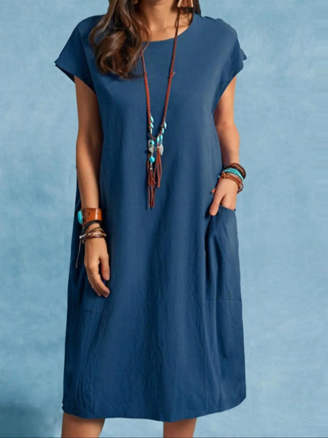 Women's Plain Pocket Round Neck Dress, Casual Short Sleeve Dress for Summer, Ladies Clothes for Daily Wear