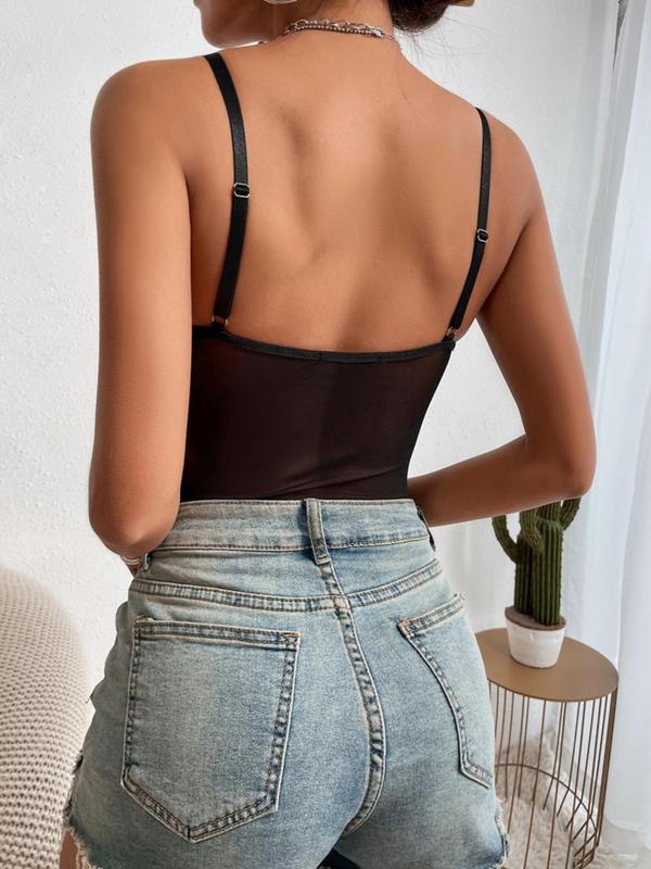 Women's Adjustable Strap Backless Contrast Mesh Sheer Bodysuit, Solid Sleeveless Cami Bodysuit for Summer, Women's Clothing for Nightclub Party 1