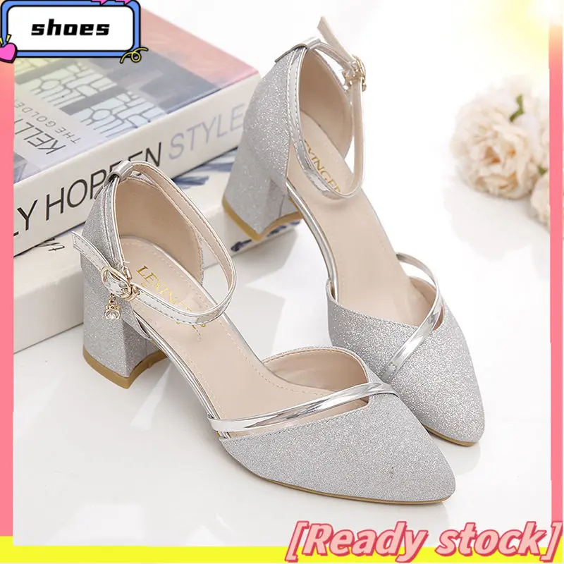 Women's Sandals New Korean Style Mid-Heel All-Matching Chunky Heel Pointed Toe Buckle Strap Pumps High Heels for Women