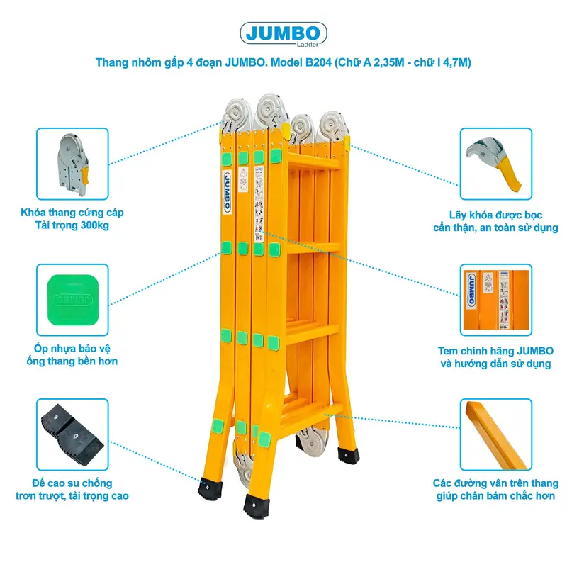 Thang nhôm gấp 4 đoạn JUMBO B204, chữ A cao 2.35m, chữ I cao 4.7m, 14 tư thế sử dụng, tải trọng 300kg 1