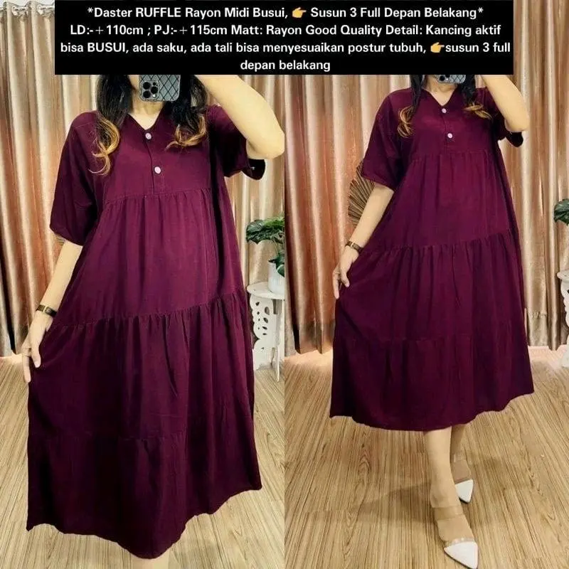 daster ruffle rayon MIDI busui susun 3 full depan belakang / daster MIDI /daster 0