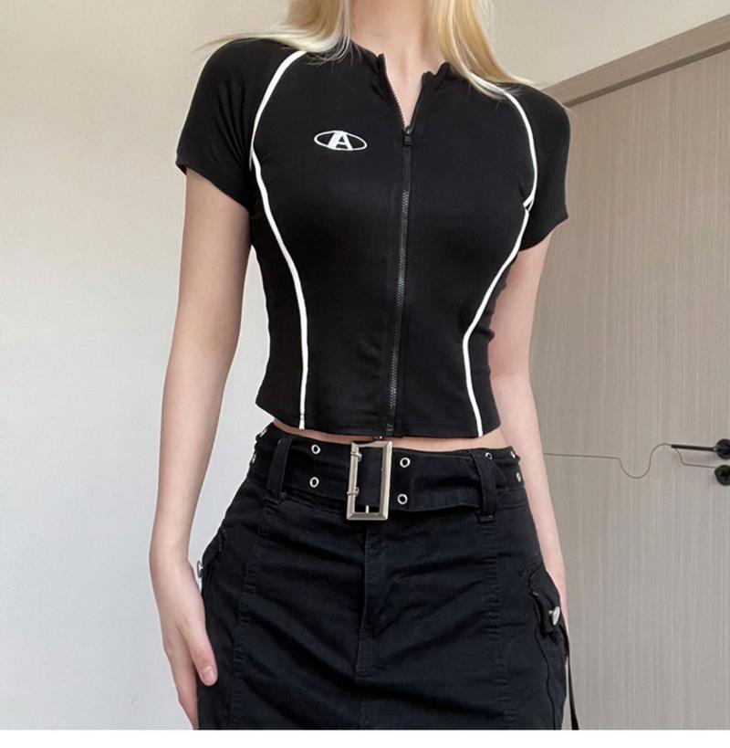 Product Introduction of Áo Cardigan Có Khóa Kéo, Phong Cách Xe Máy Mỹ, Áo Thun ngắn Tay Dành Cho Nữ, Có Sọc Nụ Thêu, Màu Đen, Áo Thể Thao Và Thể Dục Dễ Phối Đồ 3