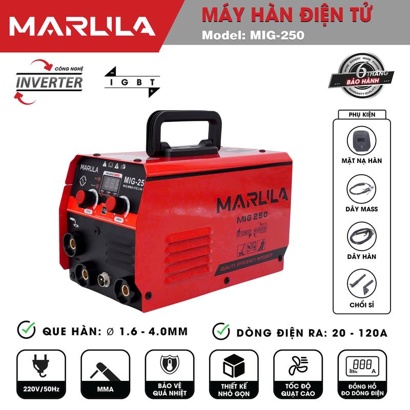 Máy hàn điện tử Marula MIG-250 3 chức năng, hàn mig, hàn tig, hàn que, Điện áp 220V, Dòng hàn 20-120A, Thanh điện cực 2.0 - 4.0mm, Bảo hành 6 tháng