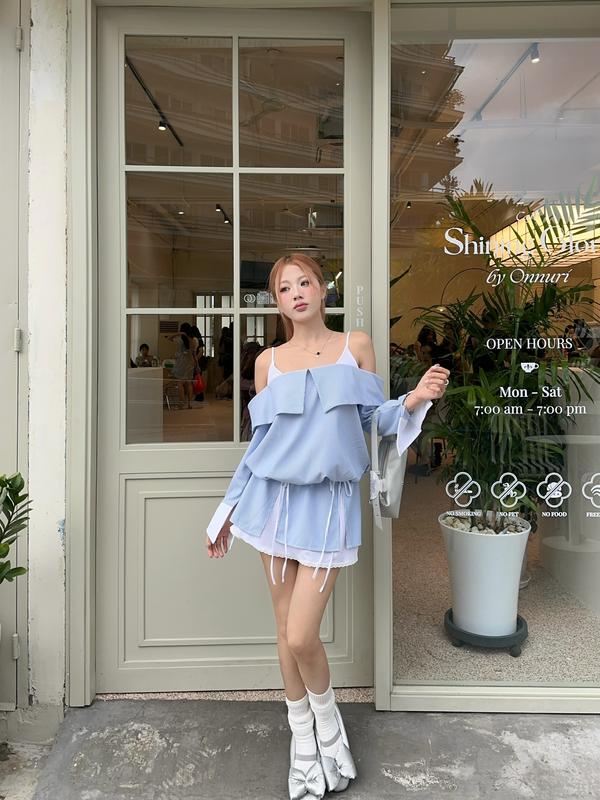 Đầm sơ mi trễ vai tay dài phối ren dáng xòe ngắn | WINNIE DRESS - CLÉLIE