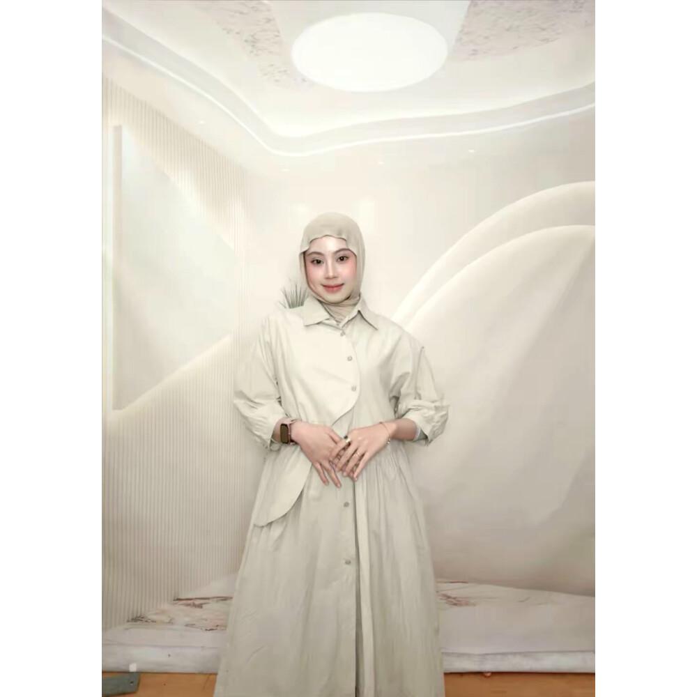 PO30 CHICMORE Gaun kemeja lengan tiga perempat dengan warna polos dan rok midi
