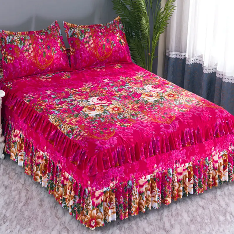 Korean Style Red S Edge Bed Skirt One-Piece Three-Layer Bedspread Bilateral Bed Skirt Four Seasons Universal Double 1.5 M 1.8 M