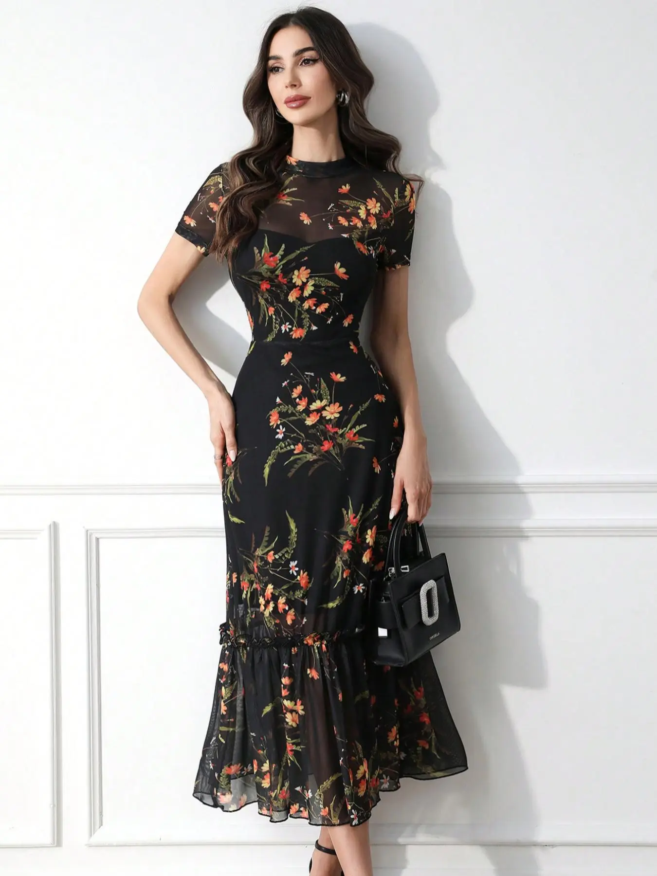 Women's Floral Print  Tulle Dress, Elegant Mock Neck Long Sleeve Ruffle Trim Dress for Party Holiday Wedding Guest, Ladies Clothes for All Seasons