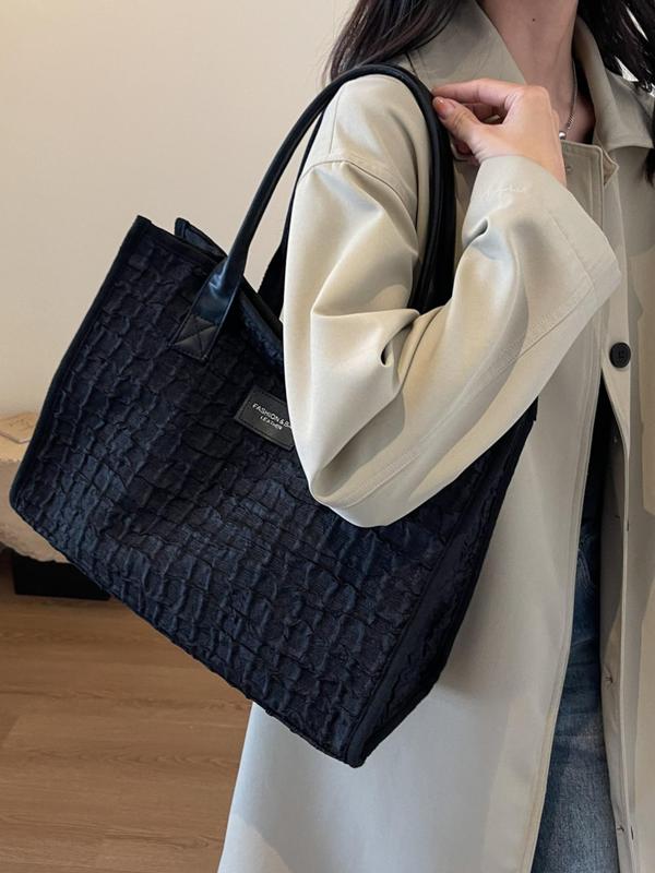 Textured Tote Bag With Zipper, Fashionable Solid Color Large Capacity Casual Shoulder Bag for Women & Girls 7