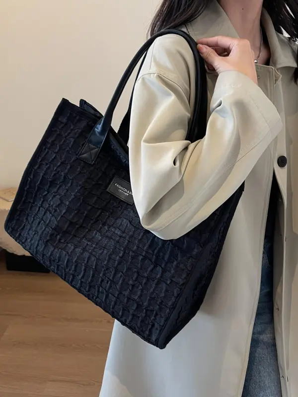 Textured Tote Bag With Zipper, Fashionable Solid Color Large Capacity Casual Shoulder Bag for Women & Girls 7